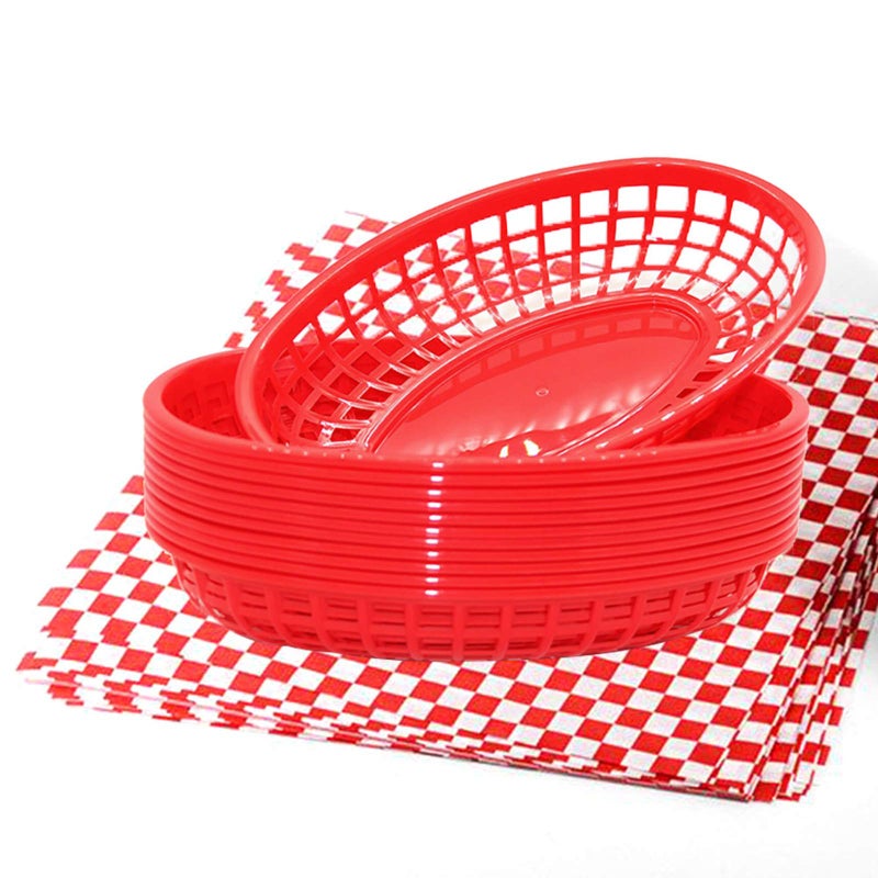 FEOOWV Retro Style Fast Food Basket (12Pk) and Checkered Deli Liner (100 Pk) Combo. Fast Food Basket Are Dishwasher Safe. Disposable Deli Paper Squares for Easy Cleanup (Red) - Image 1